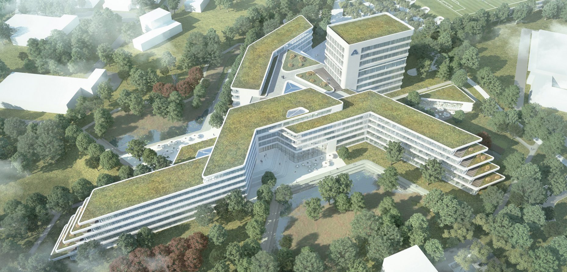 Die signethafte Form des Architekturentwurfs für den neuen ALDI Nord Campus, entwickelt von BAID, macht auf Anhieb klar, um wessen Standort es sich handelt.