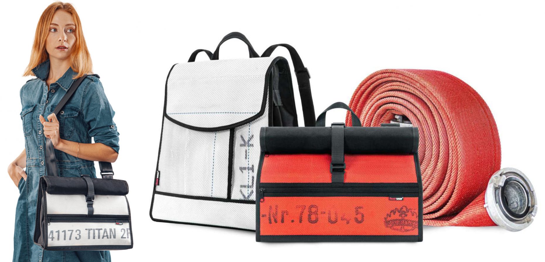Für die Taschen und Rucksäcke von Feuerwear werden gebrauchte Feuerwehrschläuche aus Feuerwachen in ganz Deutschland gesammelt und recycelt. Ein Werkstoff, der prädestiniert ist für Accessoires, die viel auszuhalten haben.