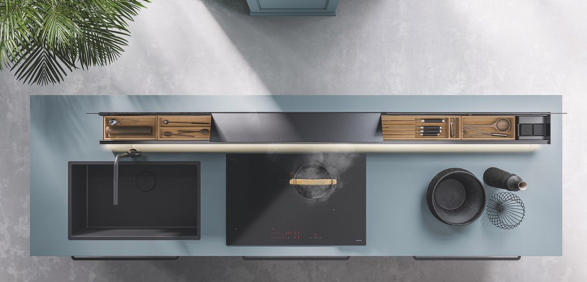 Monolith von Falmec bietet neue Gestaltungsmöglichkeiten von Küchen- und Wohnräumen, um einfacher Ordnung zu schaffen. Foto: © Falmec