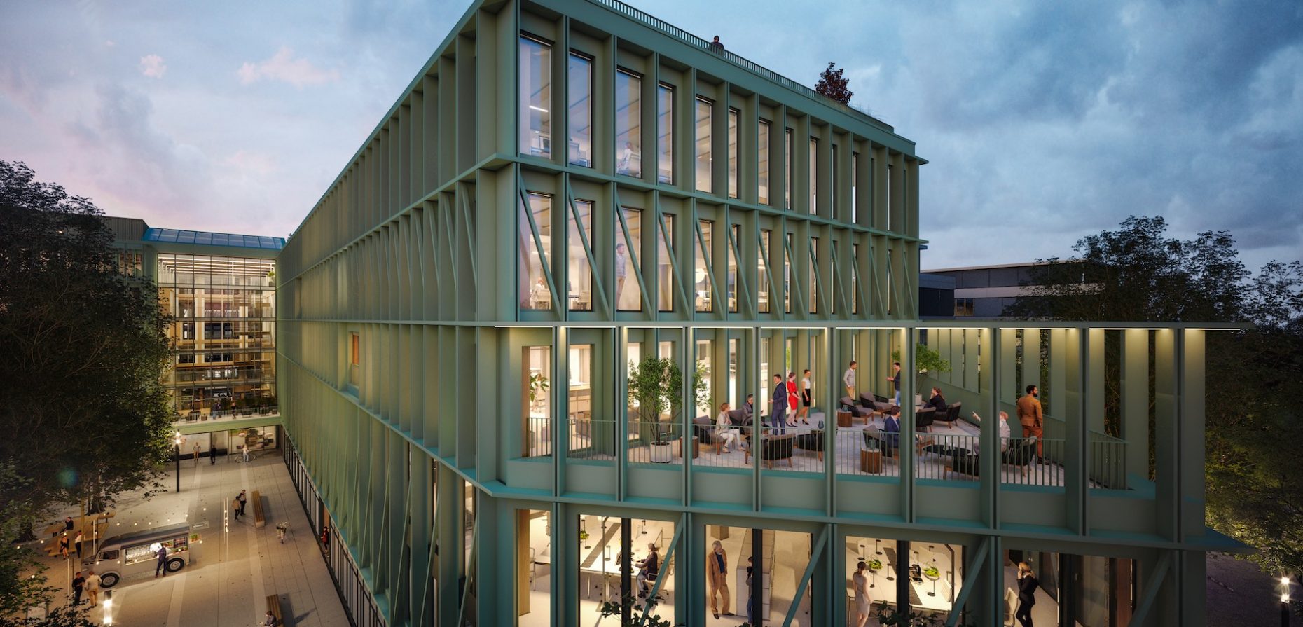 Green Building im doppelten Sinn: der Holz-Hybride i8 im Münchener Werksviertel erhält derzeit eine recycelte Fassade mit grünen, auf die Umgebung referenzierenden Elementen. Foto: © R&S Immobilienmanagement GmbH