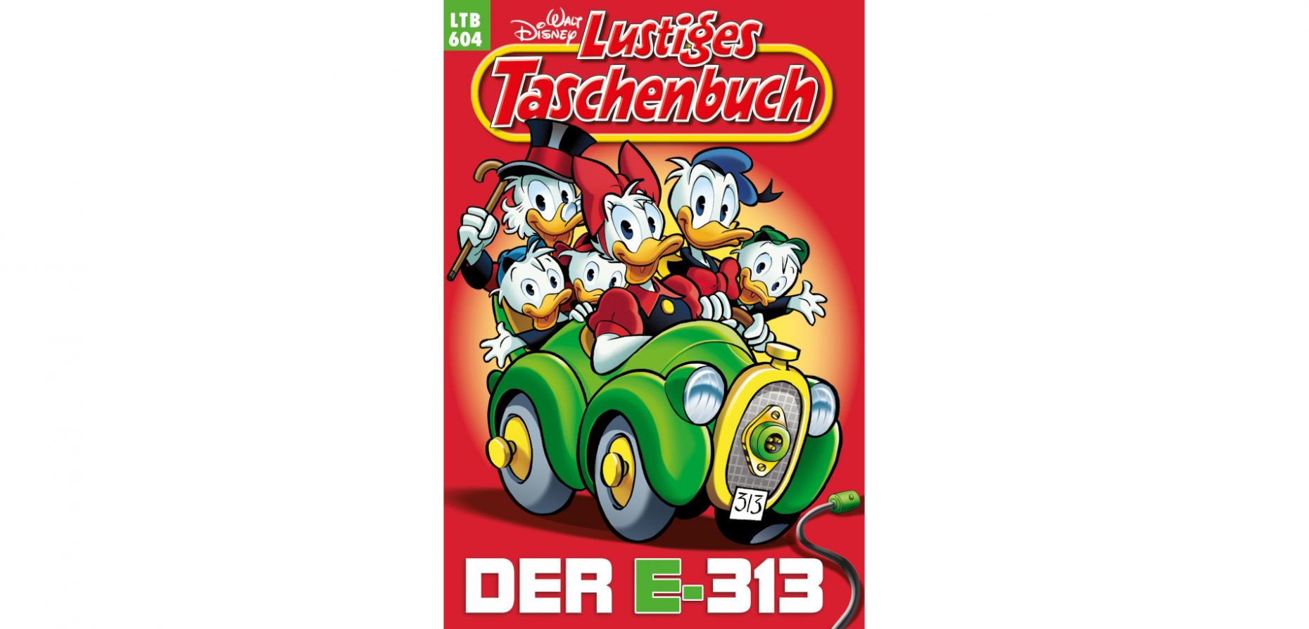 Donald Ducks Oldtimer 313 erhält endlich ein elektrisches Update zum E-313, nachzulesen in Band 604 der Reihe „Lustiges Taschenbuch“.