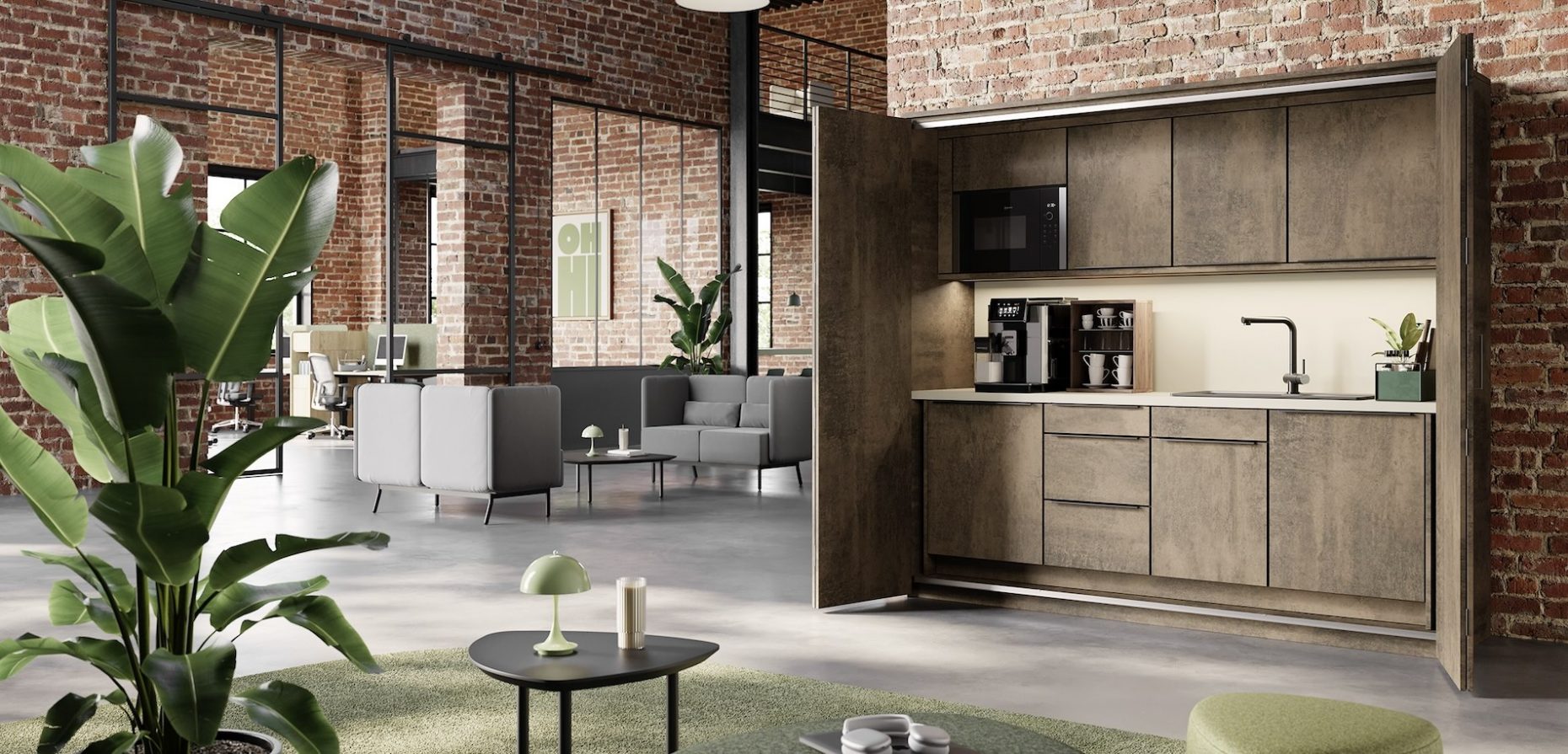 Die Popup Kitchen von fm Büromöbel passt zu jeder Office-Architektur und bietet Platz für alles, was man braucht, um zwischendurch die eigenen ‚Akkus‘ aufzuladen. Foto: © fm Büromöbel